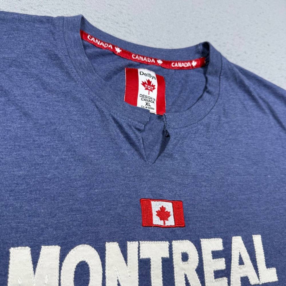 DelSys Montreal Canada Graphic T-Shirt Blue Heathered Split Neck XL